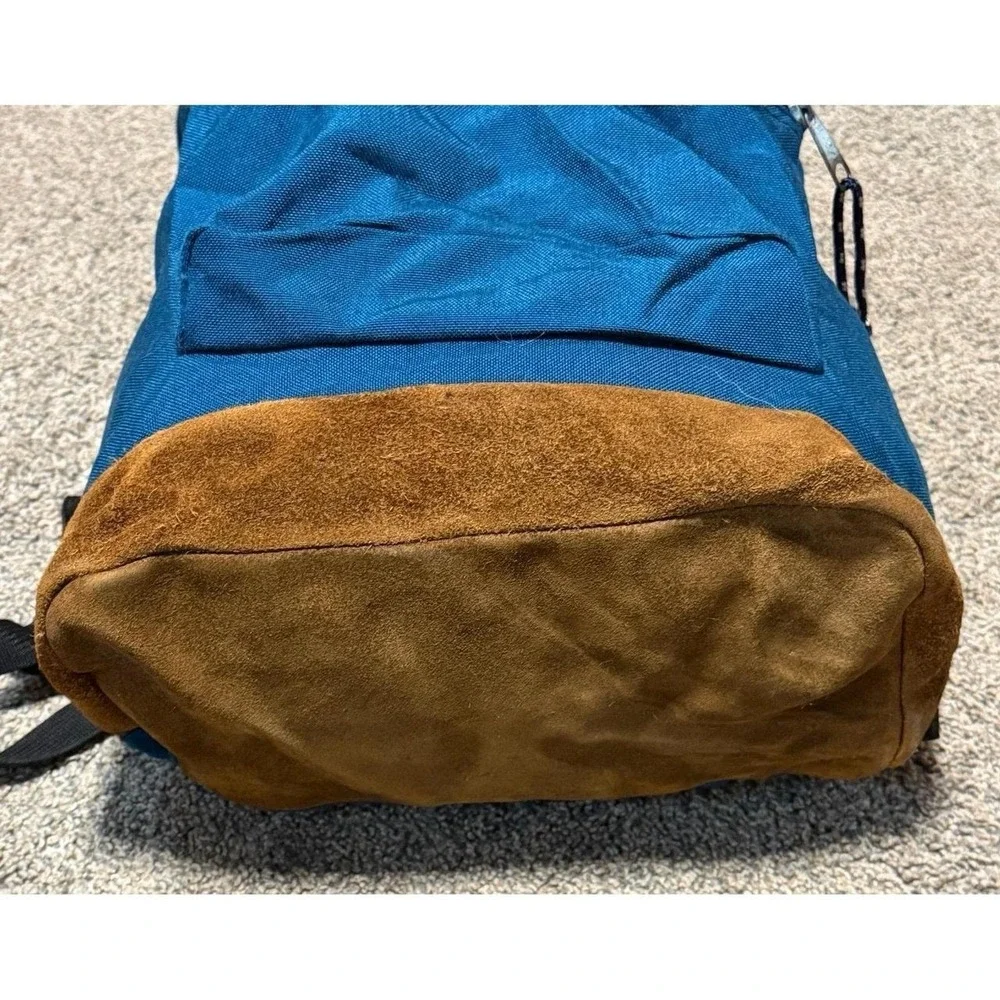 Vintage JanSport USA Teal Backpack Suede Leather Bottom Tribal Trim Made in USA